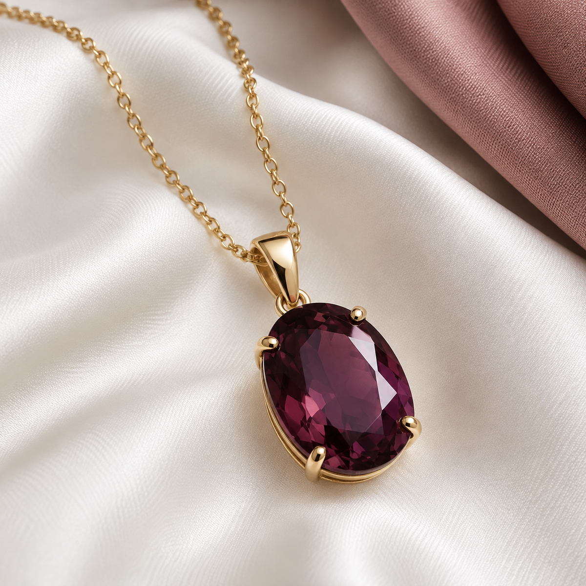 Plum gemstone pendant on a gold-tone chain