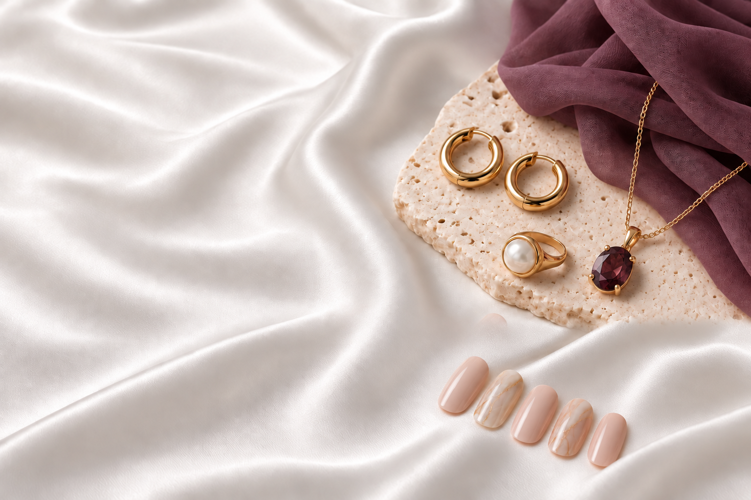 Plum gemstone pendant, earrings, pearl ring and blush nails on white satin